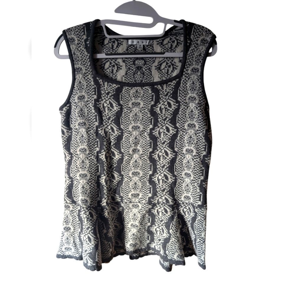 CAbi Black and Cream Sleeveless Peplum Knit Top